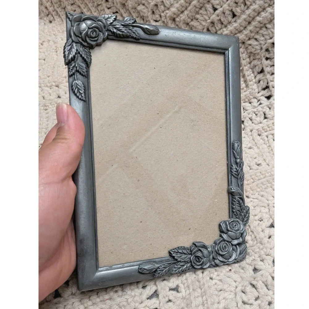 Roman Inc Vintage Pewter Tone Rose Floral Picture Frame 4.5x6.5 92282
